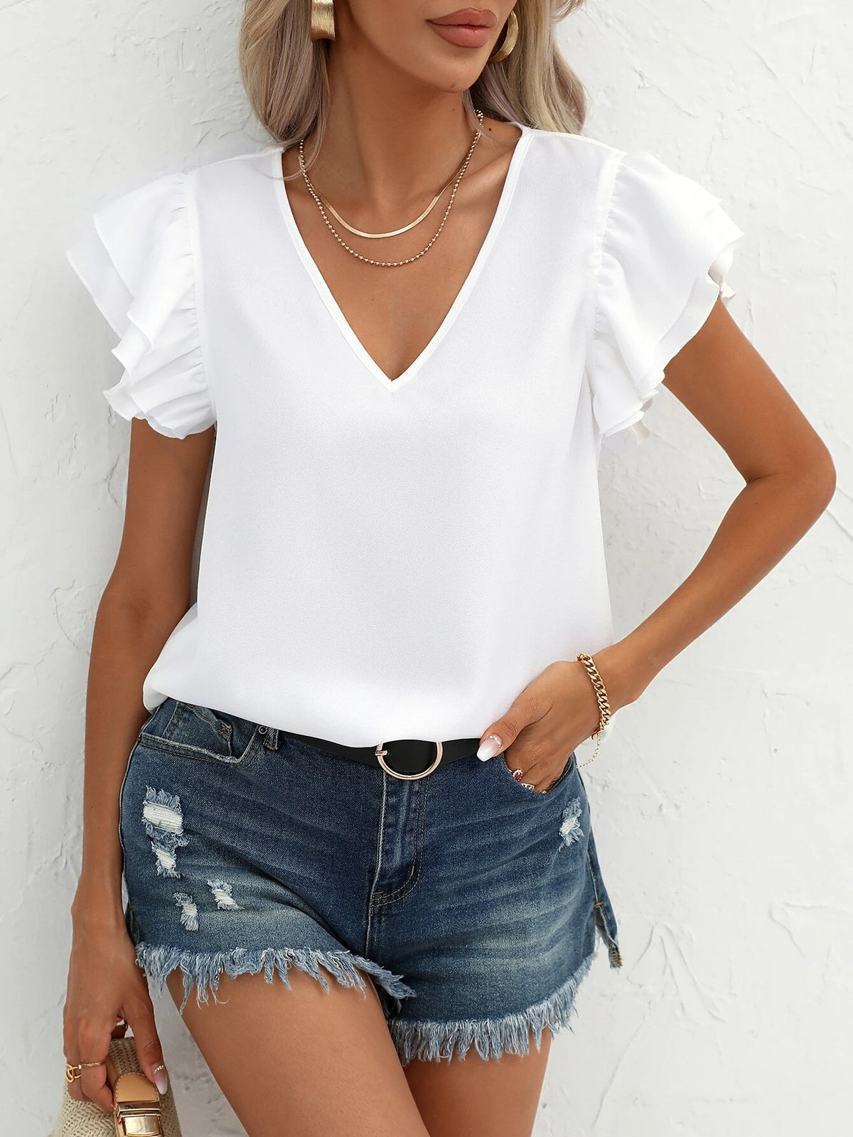 Solid Butterfly Sleeve V Neck Blouse