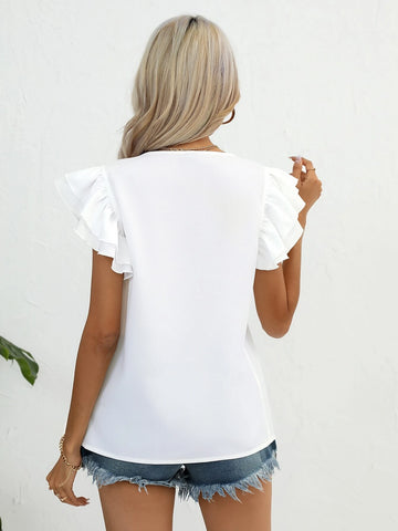 Solid Butterfly Sleeve V Neck Blouse