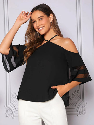 EMERY ROSE Cold Shoulder Mesh Insert Flounce Sleeve Blouse