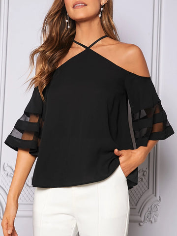 EMERY ROSE Cold Shoulder Mesh Insert Flounce Sleeve Blouse