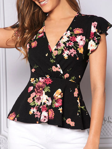 EMERY ROSE Floral Print Butterfly Sleeve Peplum Top