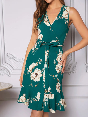 EMERY ROSE Floral Print Belted Ruffle Hem Dress