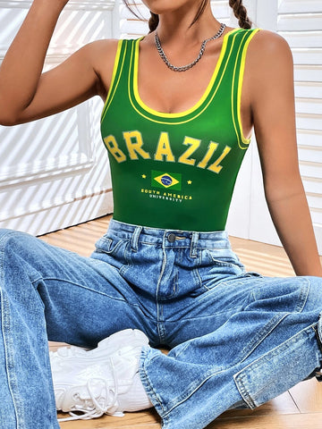 Letter Graphic Contrast Binding Tank Bodysuit