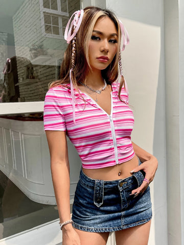 EZwear Striped Print Zip Up Hooded Crop Tee