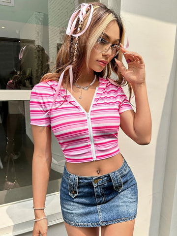 EZwear Striped Print Zip Up Hooded Crop Tee