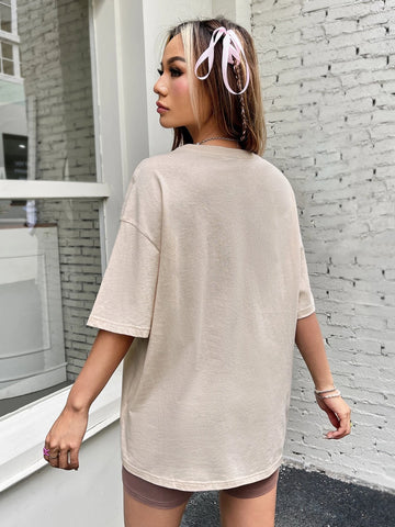 EZwear Mushroom & Slogan Graphic Drop Shoulder Tee