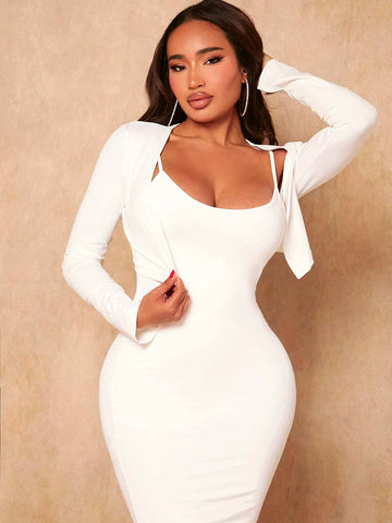 Solid Cami Bodycon Dress & Open Front Jacket