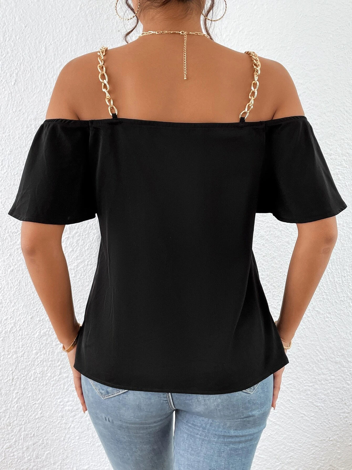 Contrast Lace Cold Shoulder Chain Detail Blouse