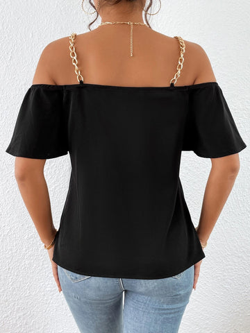Contrast Lace Cold Shoulder Chain Detail Blouse