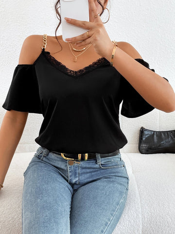Contrast Lace Cold Shoulder Chain Detail Blouse