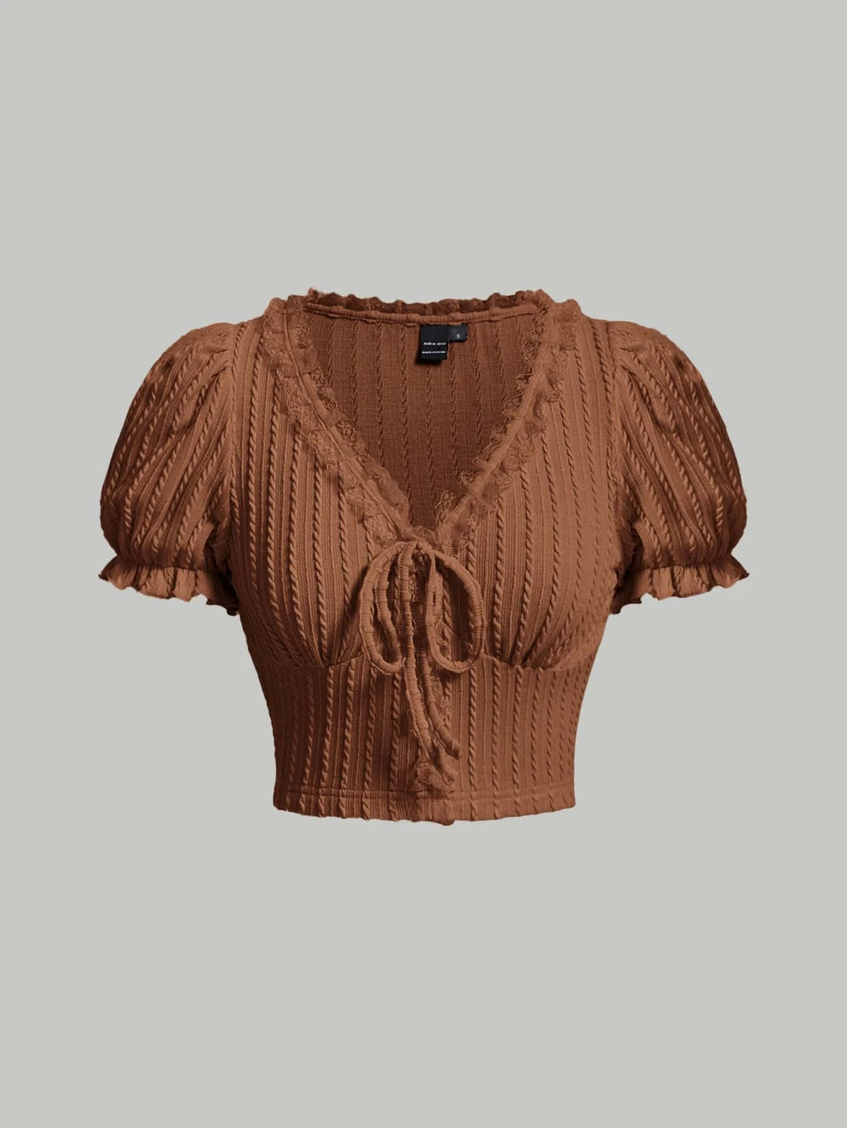 MOD Tie Front Frill Trim Puff Sleeve Crop Tee