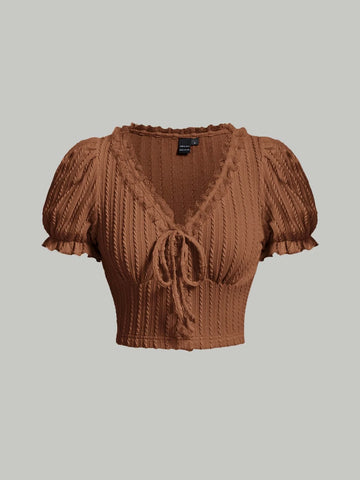 MOD Tie Front Frill Trim Puff Sleeve Crop Tee