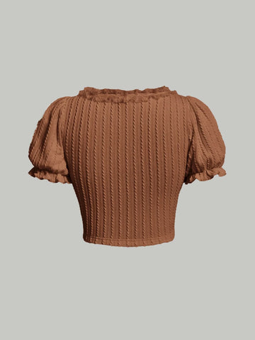 MOD Tie Front Frill Trim Puff Sleeve Crop Tee