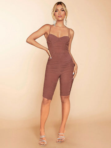 Solid Ruched Bustier Cami Unitard Romper