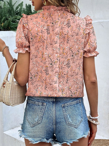 EMERY ROSE Floral Print Frill Trim Puff Sleeve Blouse