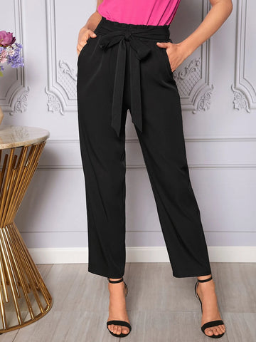 EMERY ROSE Paperbag Waist Tie Front Slant Pocket Pants