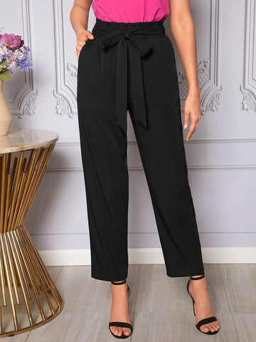 EMERY ROSE Paperbag Waist Tie Front Slant Pocket Pants