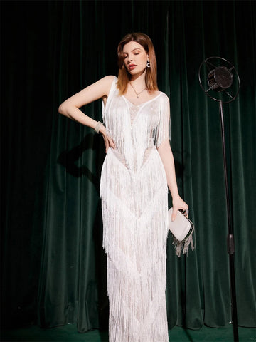 Fringe Trim Lace Overlay Dress