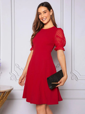 EMERY ROSE Swiss Dot Mesh Sleeve Dress