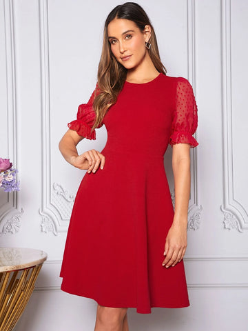 EMERY ROSE Swiss Dot Mesh Sleeve Dress