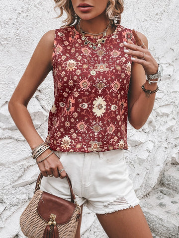 EMERY ROSE Allover Print Keyhole Back Sleeveless Blouse