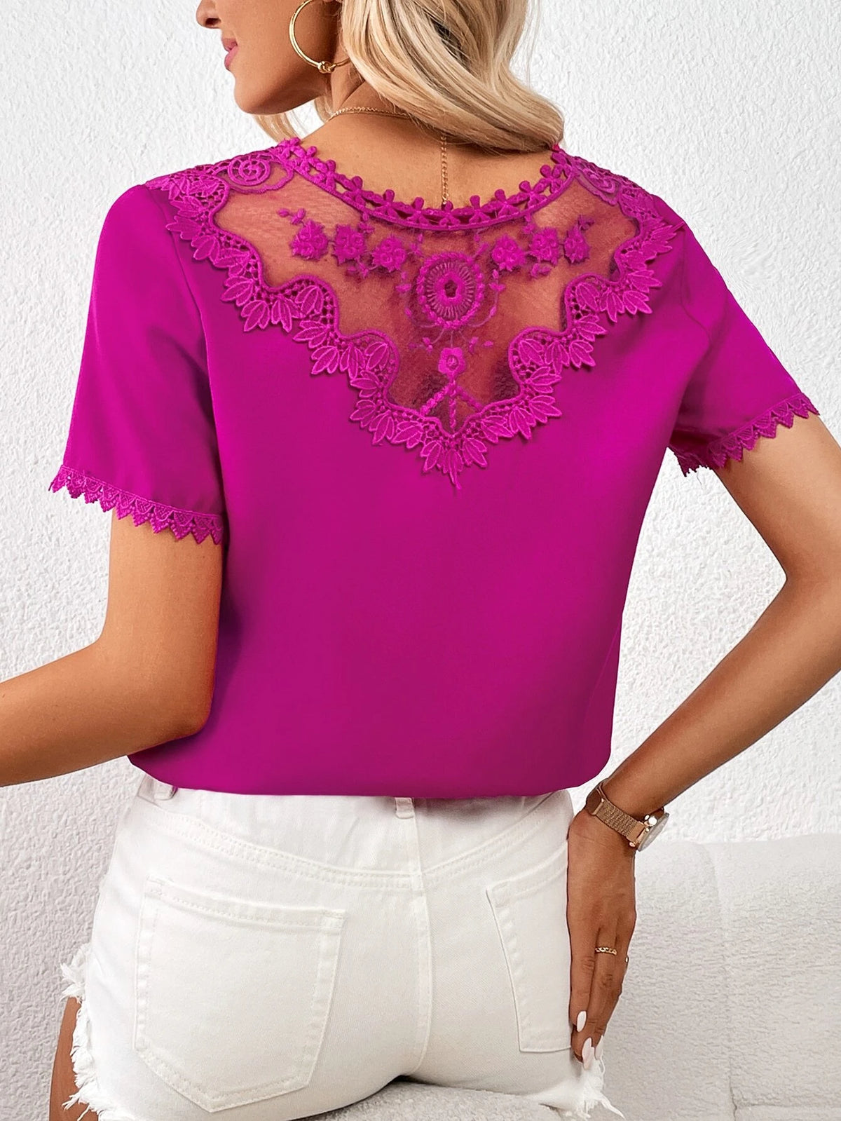 Unity Embroidery Mesh Back Lace Trim Blouse