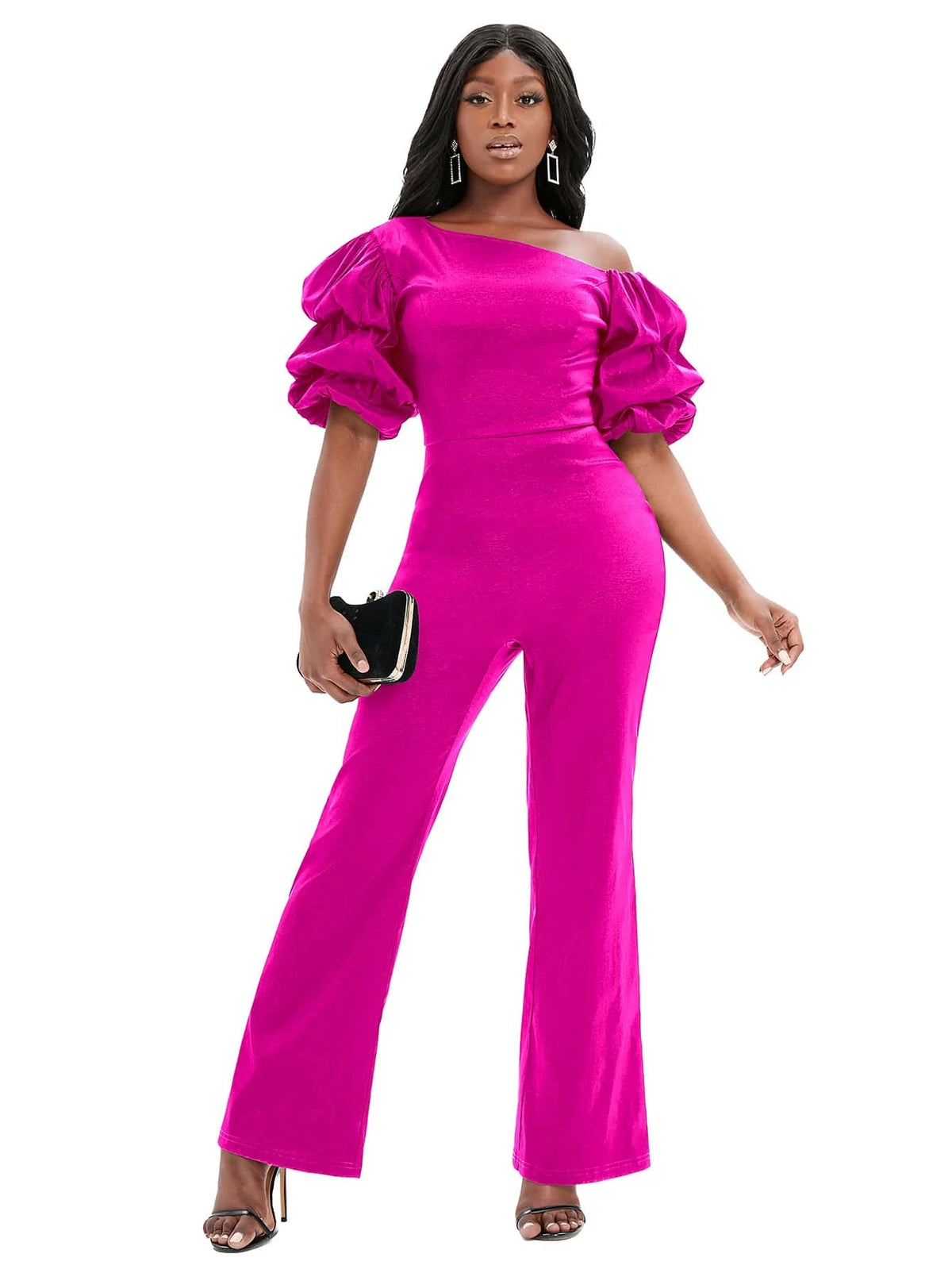 Asymmetrical Neck Puff Sleeve Flare Leg Jumpsuit