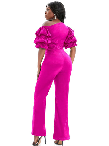 Asymmetrical Neck Puff Sleeve Flare Leg Jumpsuit