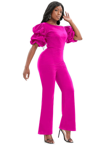 Asymmetrical Neck Puff Sleeve Flare Leg Jumpsuit