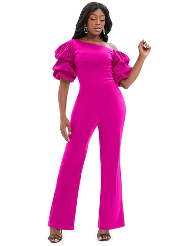 Asymmetrical Neck Puff Sleeve Flare Leg Jumpsuit
