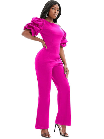 Asymmetrical Neck Puff Sleeve Flare Leg Jumpsuit