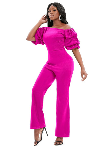 Asymmetrical Neck Puff Sleeve Flare Leg Jumpsuit