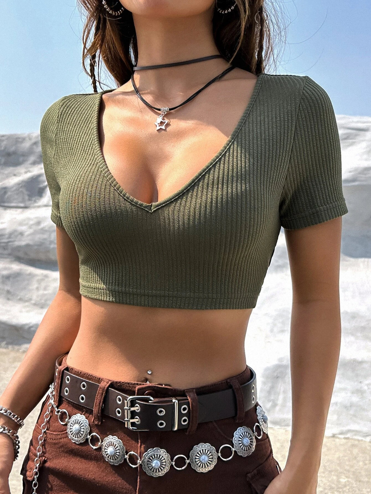 EZwear Western Cowgirl Solid Ribbed Knit Crop Tee