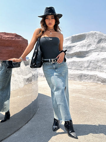Letter Patched Detail Tube Bodysuit