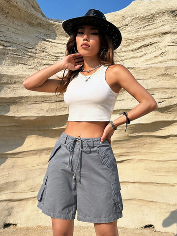 EZwear Flap Pocket Side Drawstring Waist Cargo Shorts