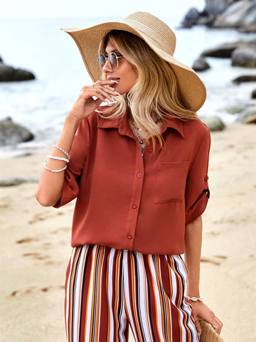 Roll Tab Sleeve Shirt & Striped Pants