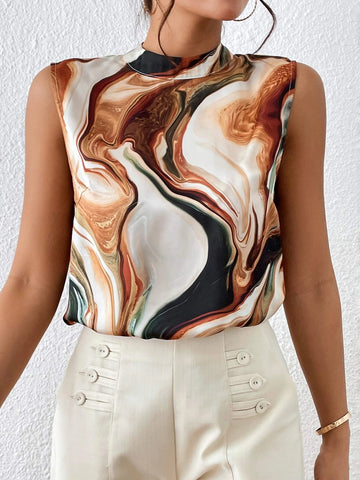 Unity Marble Print Mock Neck Sleeveless Chiffon Blouse