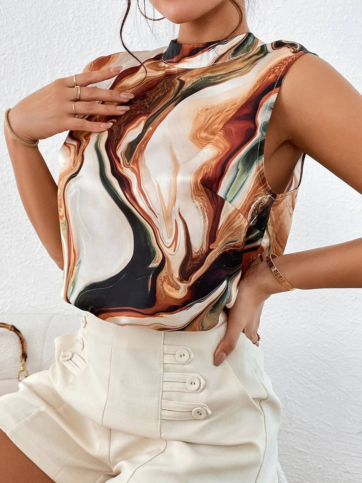 Unity Marble Print Mock Neck Sleeveless Chiffon Blouse