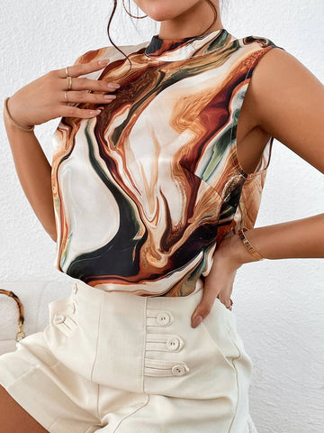 Unity Marble Print Mock Neck Sleeveless Chiffon Blouse