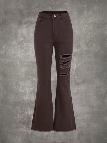 ROMWE STPL Ripped Raw Hem Flare Leg Jeans