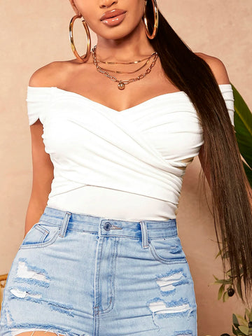 SXY Off Shoulder Crisscross Ruched Tee
