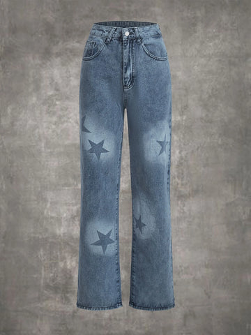 ROMWE Grunge Punk Star Print Straight Leg Jeans
