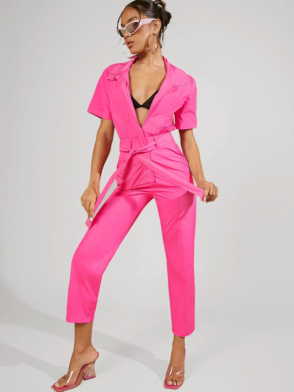 Zip Front Belted Jumpsuit