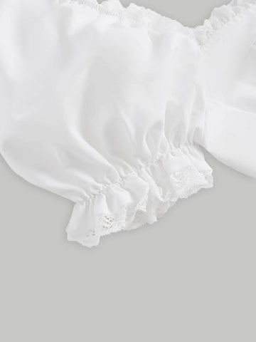 MOD Lace Frill Trim Puff Sleeve Bustier Crop Blouse