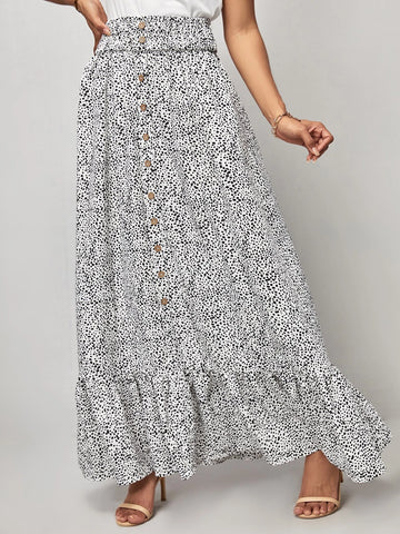 EMERY ROSE Dalmatian Print Button Front Ruffle Hem Skirt