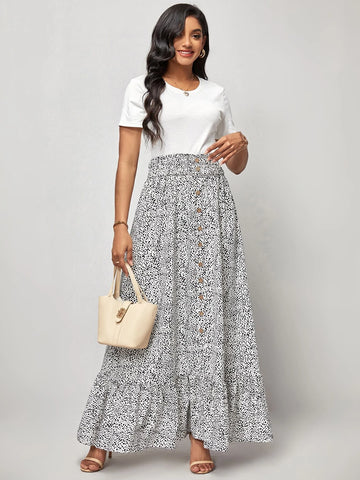 EMERY ROSE Dalmatian Print Button Front Ruffle Hem Skirt
