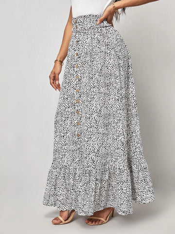 EMERY ROSE Dalmatian Print Button Front Ruffle Hem Skirt