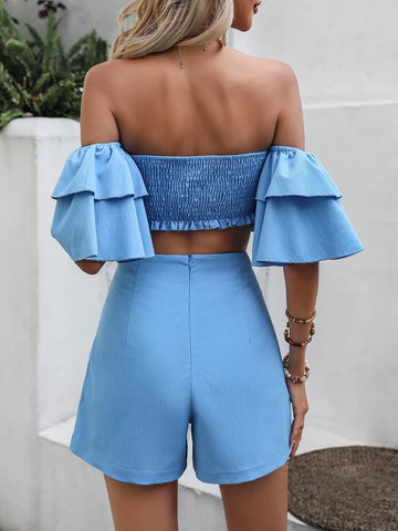 Off Shoulder Ruffle Trim Crop Blouse & Shorts