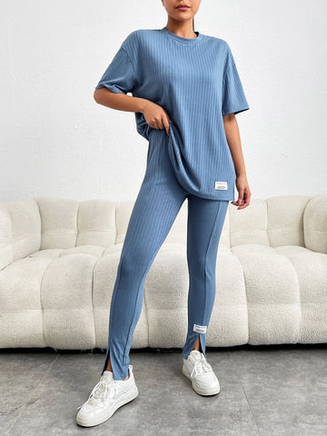 Letter Patched Drop Shoulder Tee & Split Hem Leggings