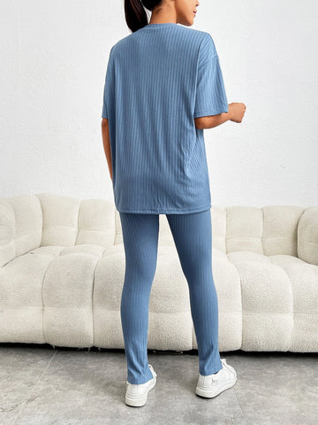 Letter Patched Drop Shoulder Tee & Split Hem Leggings